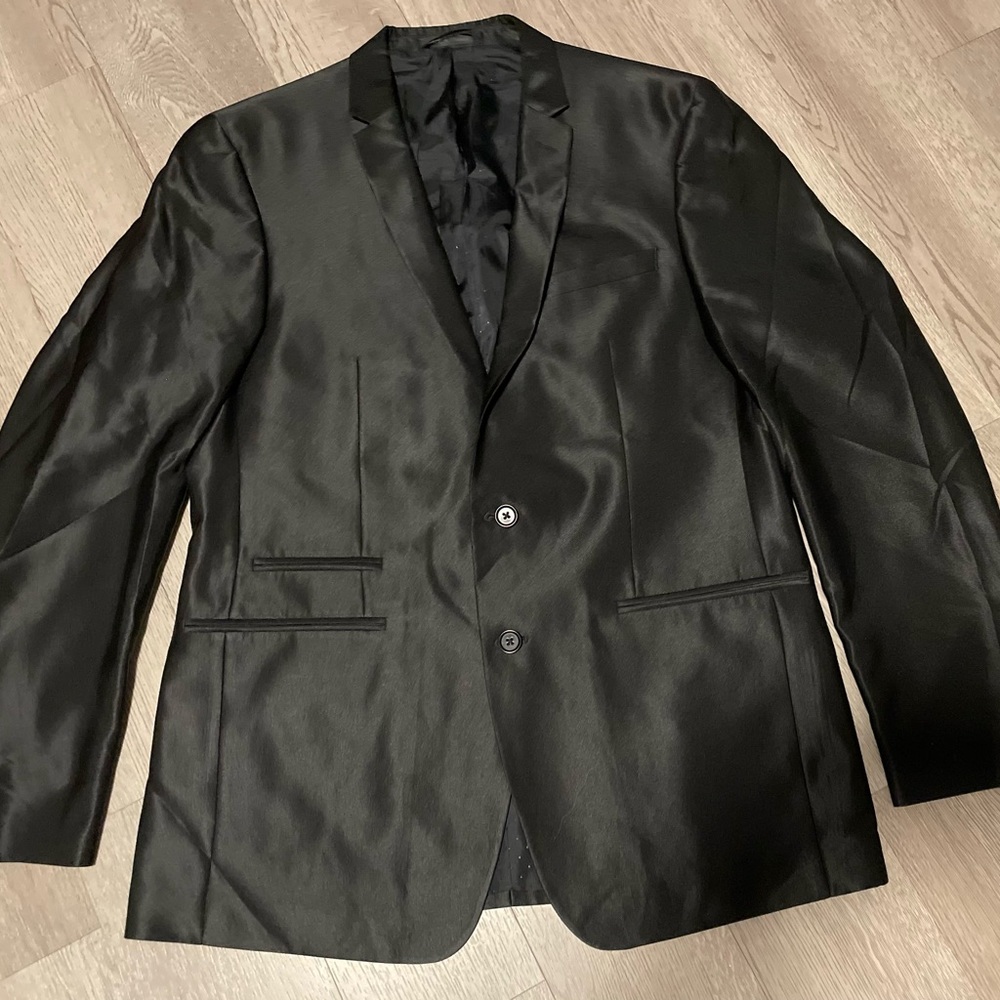 Macys men’s store formal shiny custom black suit.